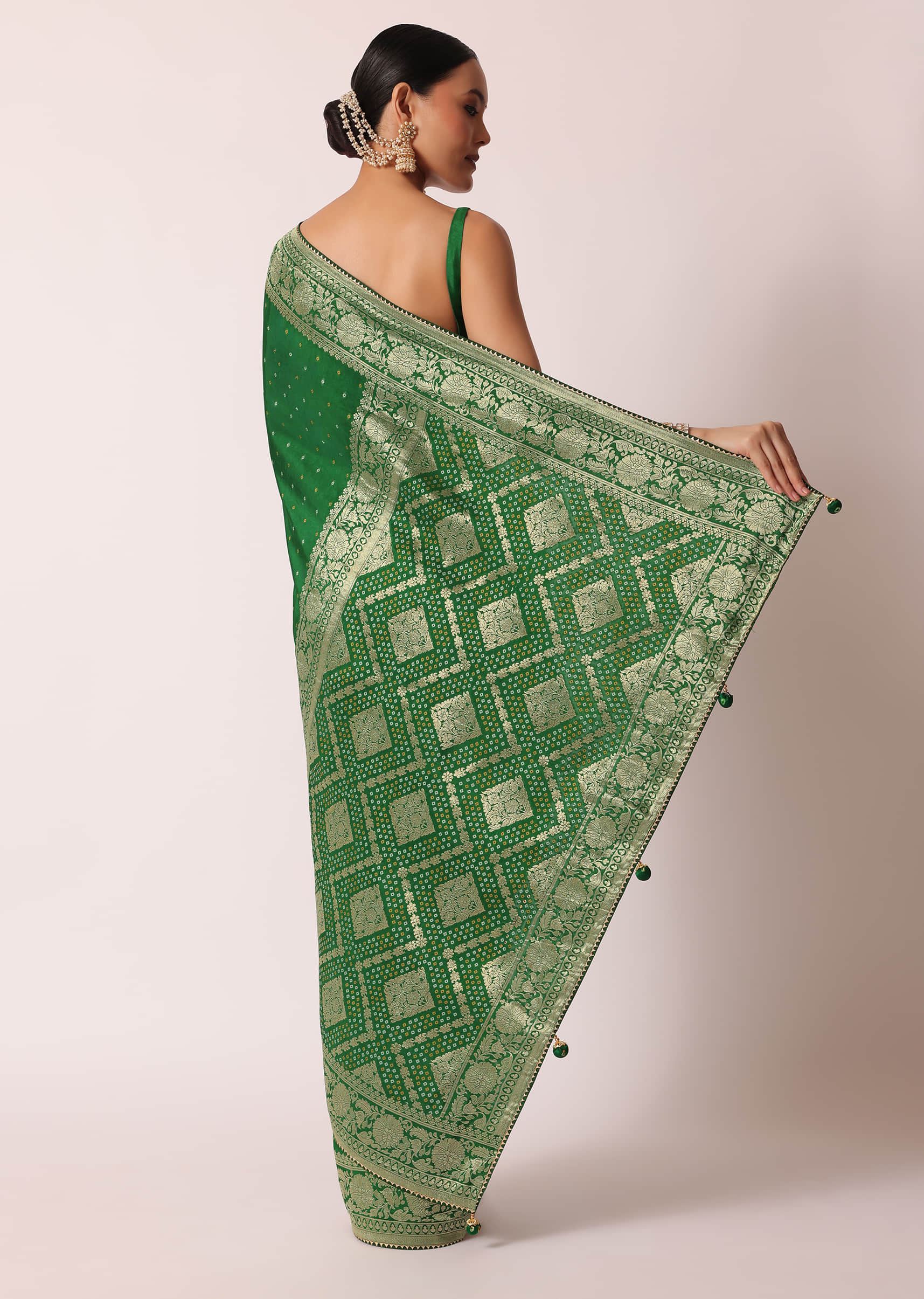 sari Buy Deep Green Satin Bandhani Saree With Gota Work