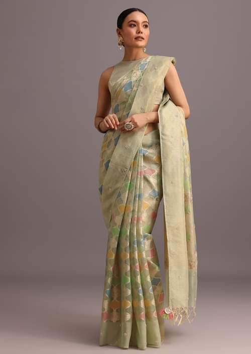 Green Chanderi Tissue Zardosi Embroidered Saree With Unstitched Blouse