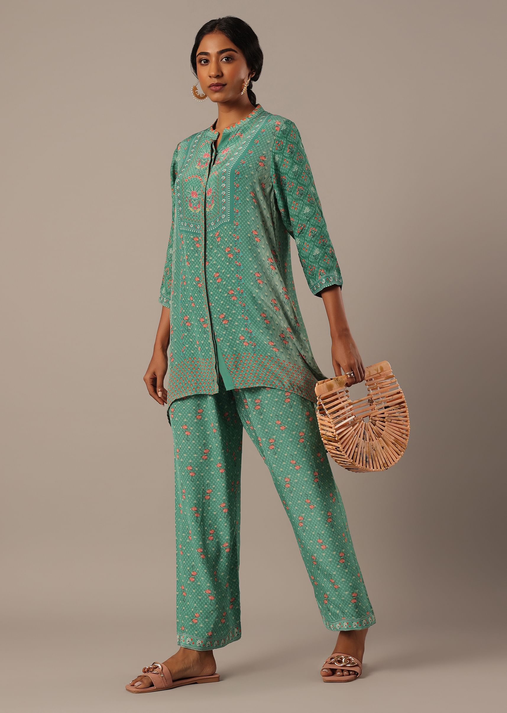 Buy Green Chiffon Short Kurti And Pant Set With Floral Prints