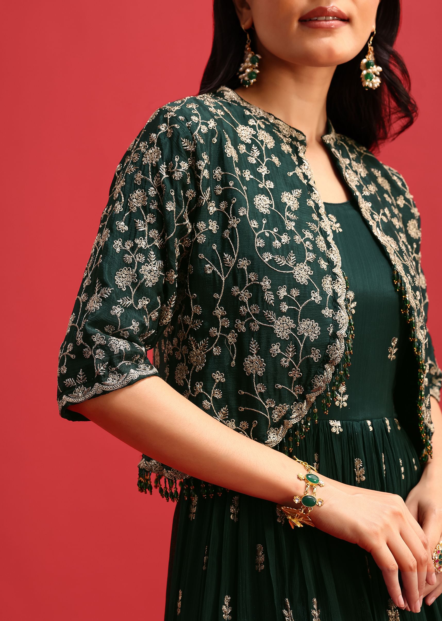 Green Chinon Butti Gown With Sequins Work Jacket