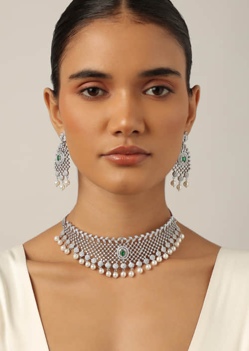 Buy Green Choker Set With Emerald Stones And Pearl Drops KALKI