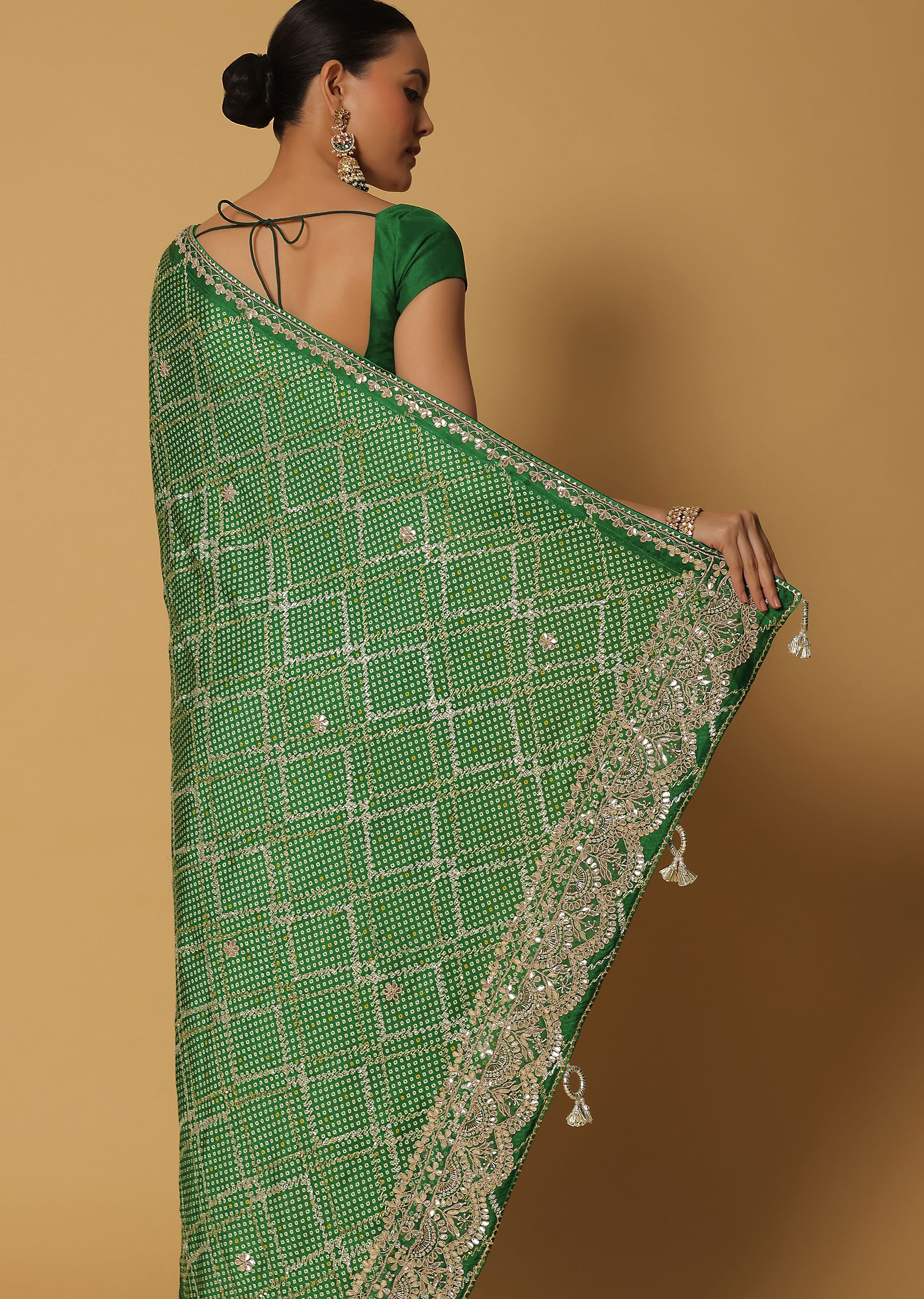 Buy Green Dola Silk Saree With Bandhani Print And Unstitched