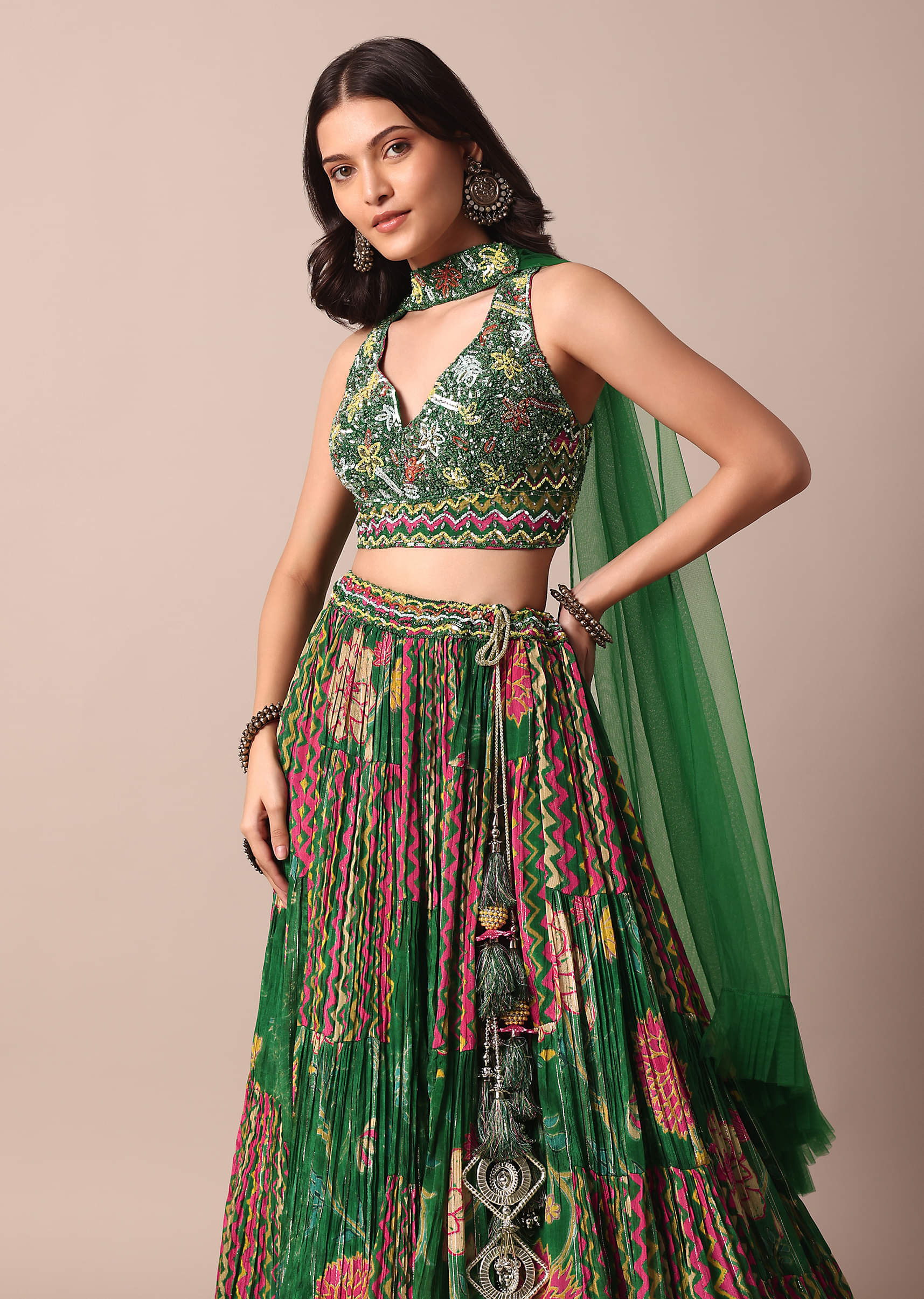 Buy Green Embroidered Choli With Printed Chiffon Lehenga And Net Dupatta |  KALKI Fashion India