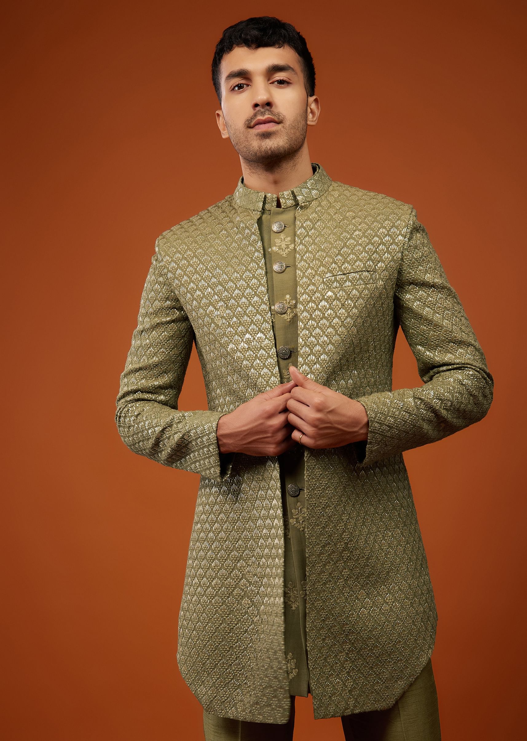 Buy Moss Green Embroidered Indo Western Sherwani Set In Tussar Silk