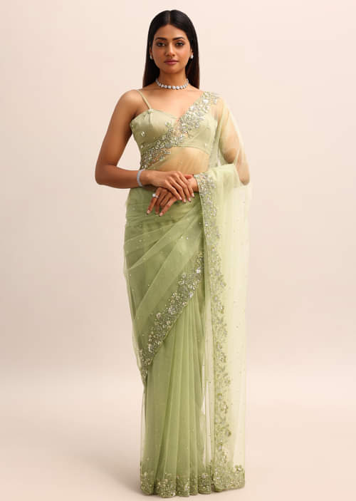 Buy Green Embroidered Net Saree With Unstitched Blouse | KALKI 