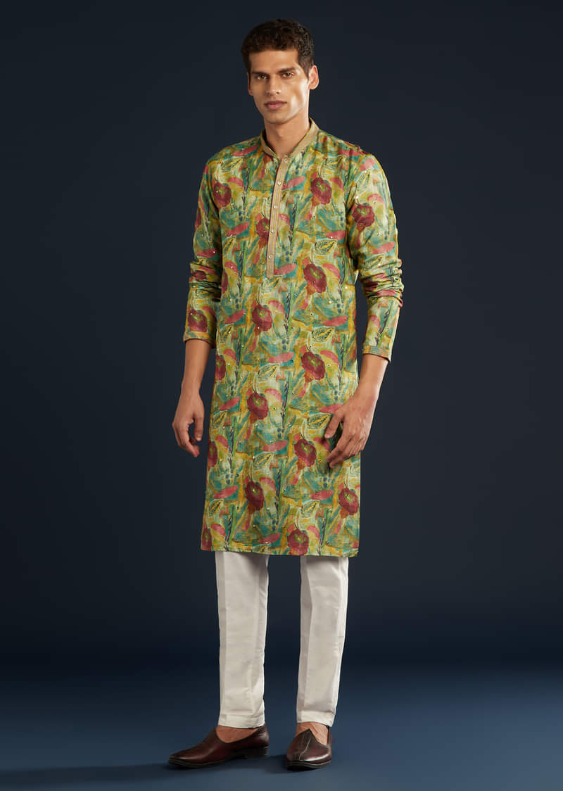 Green Floral Print Silk Kurta Set