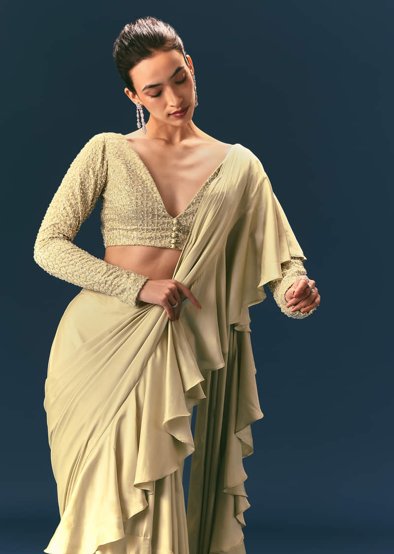 Green Frill Ready To Wear Saree With Embellished Blouse