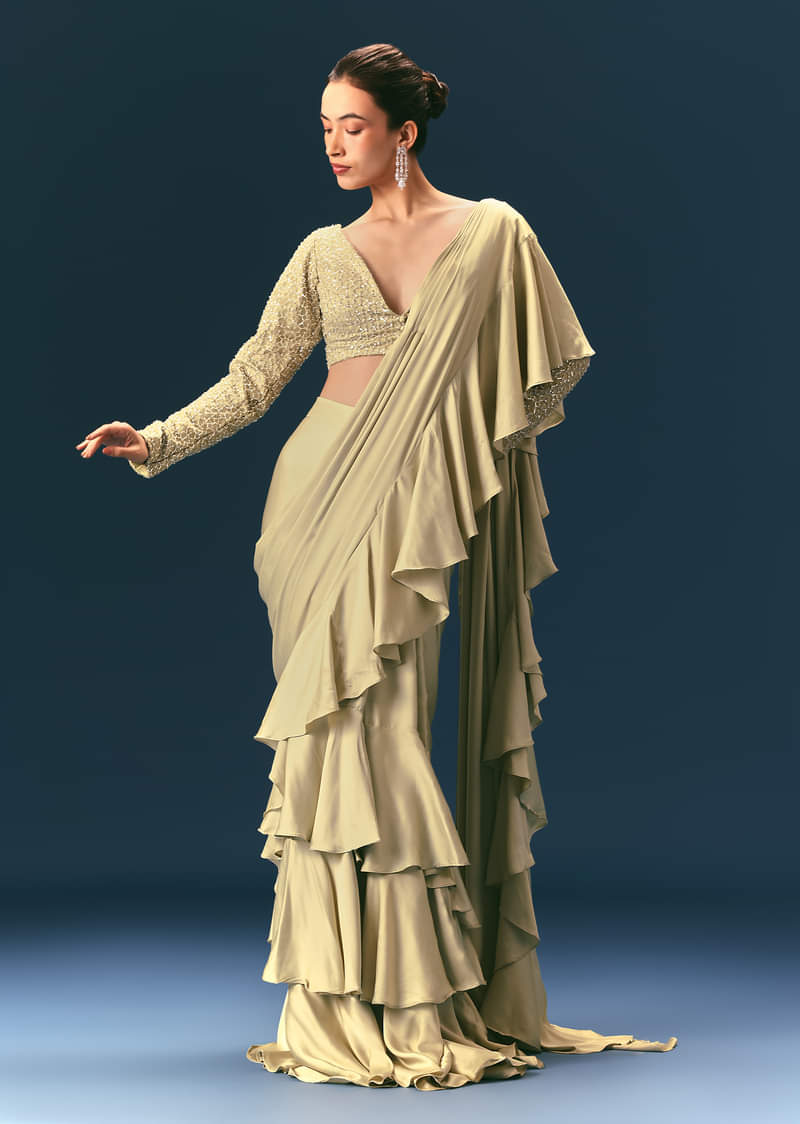 Green Frill Ready To Wear Saree With Embellished Blouse
