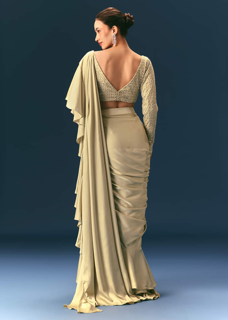 Green Frill Ready To Wear Saree With Embellished Blouse