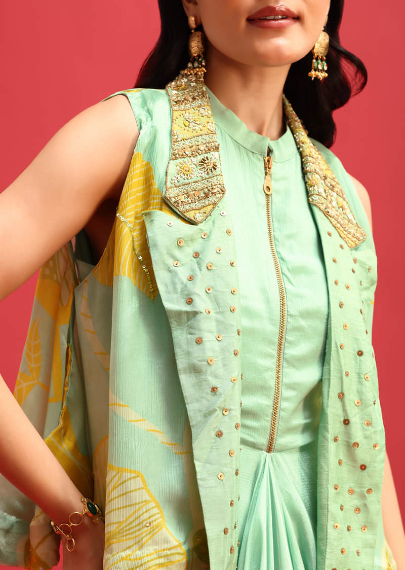 Green Gown With Embroidered Jacket