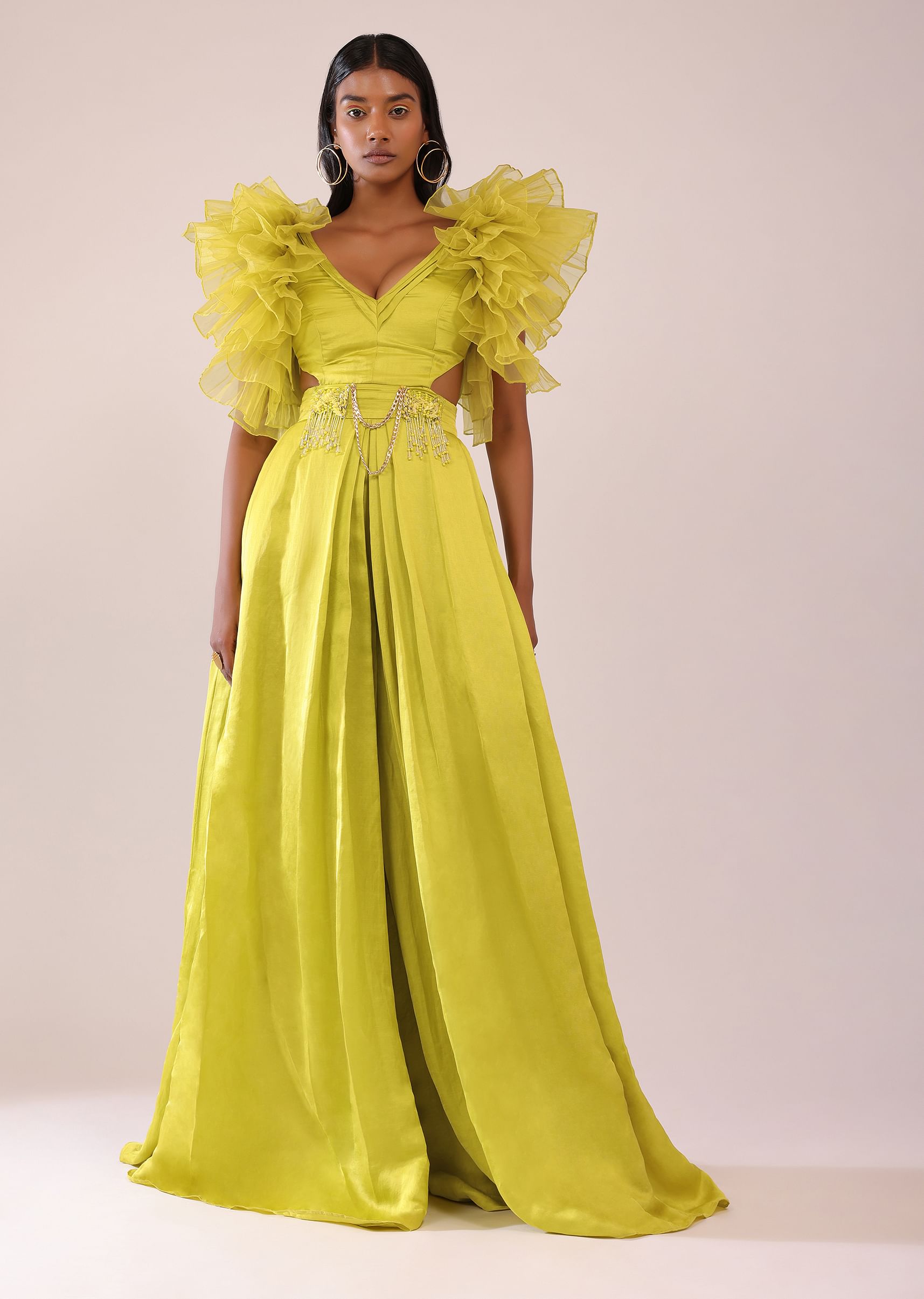 Buy Sheen Green Jumpsuit With Ruffle Sleeves In Viscos Linen And Satin KALKI Fashion Global