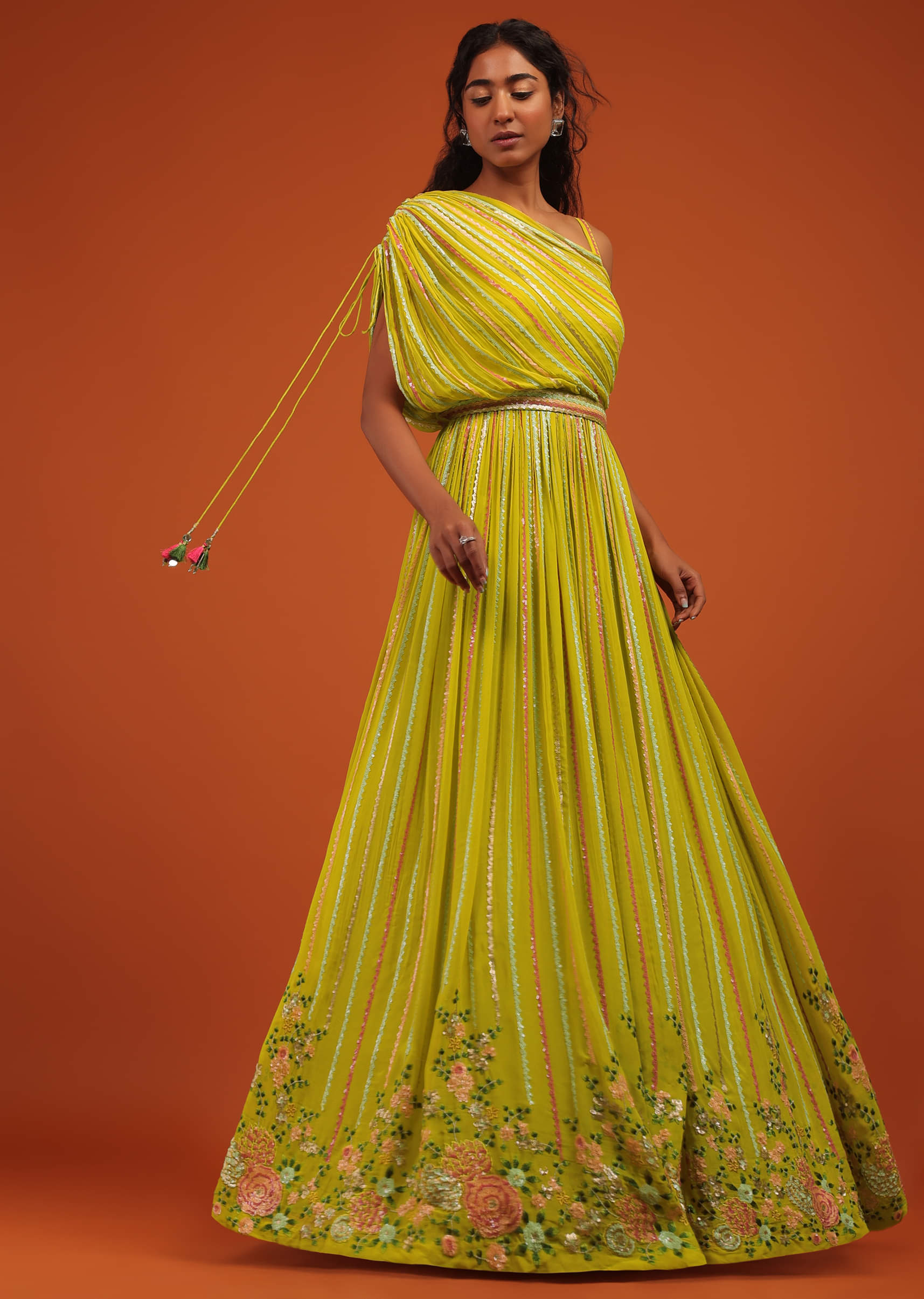 Buy Green Indo Western Gown In Georgette With Multi Color Floral Embroidery KALKI Fashion India