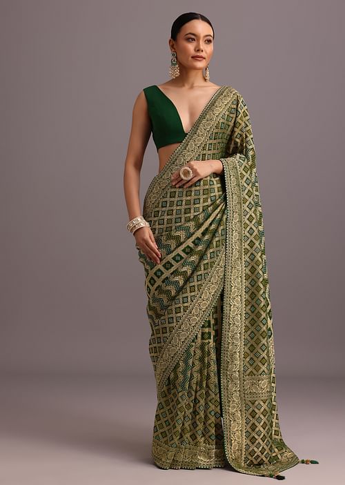 Green Khaddi Georgette Bandhani Saree With Zari Jaal Motif Weave