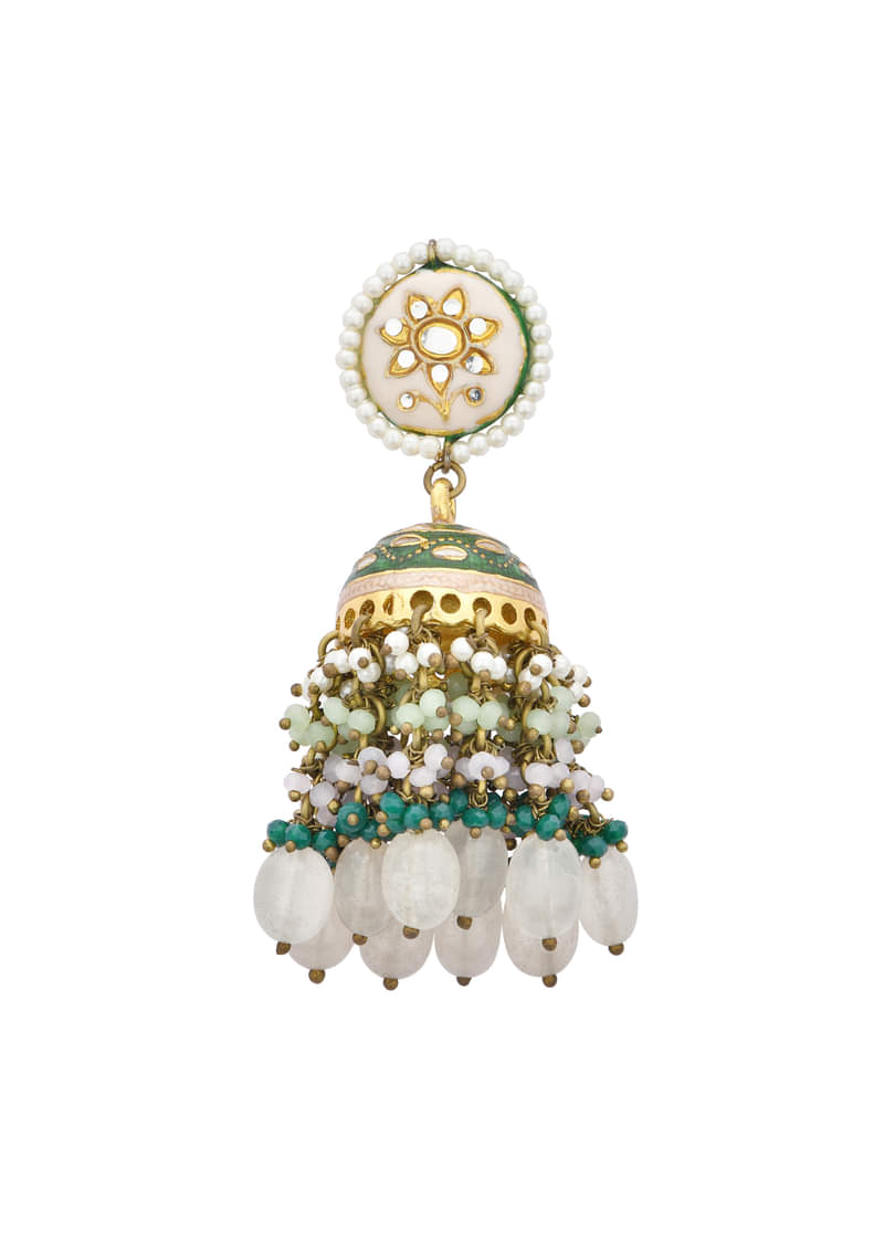 Green Kundan Jhumkas With Tiered Beads