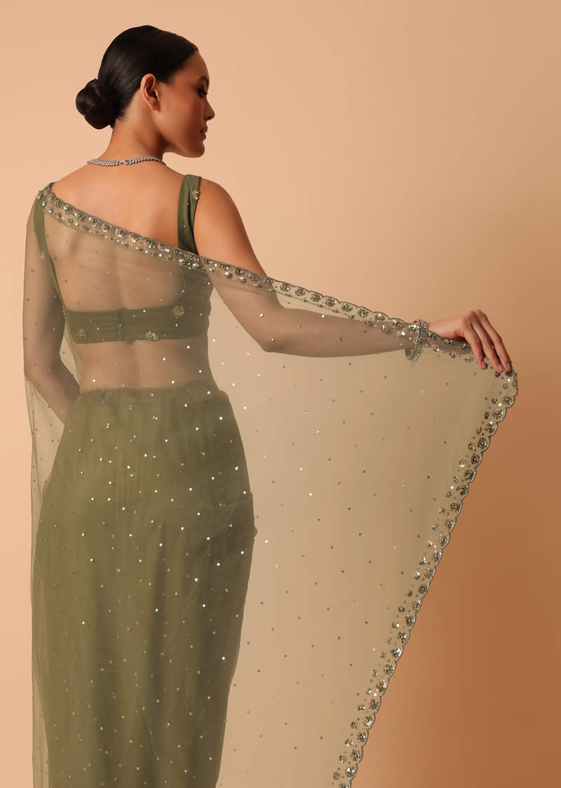 Green Net Saree With Sequin Work And Unstitched Blouse Piece