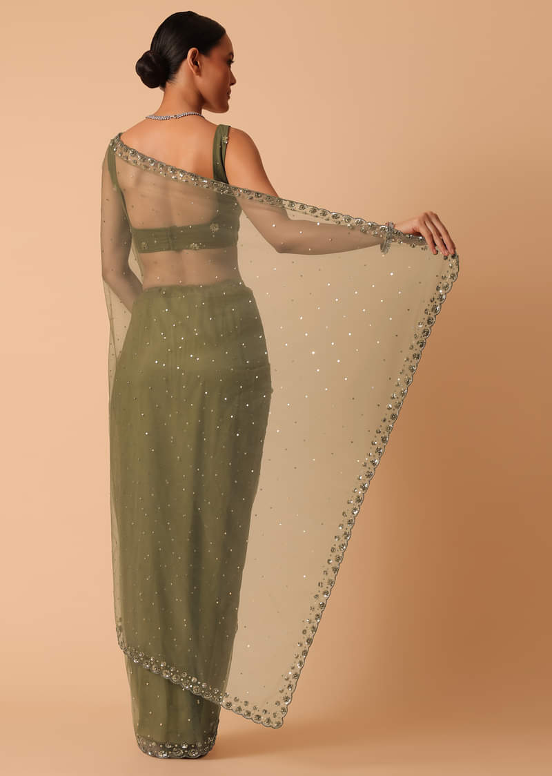 Green Net Saree With Sequin Work And Unstitched Blouse Piece
