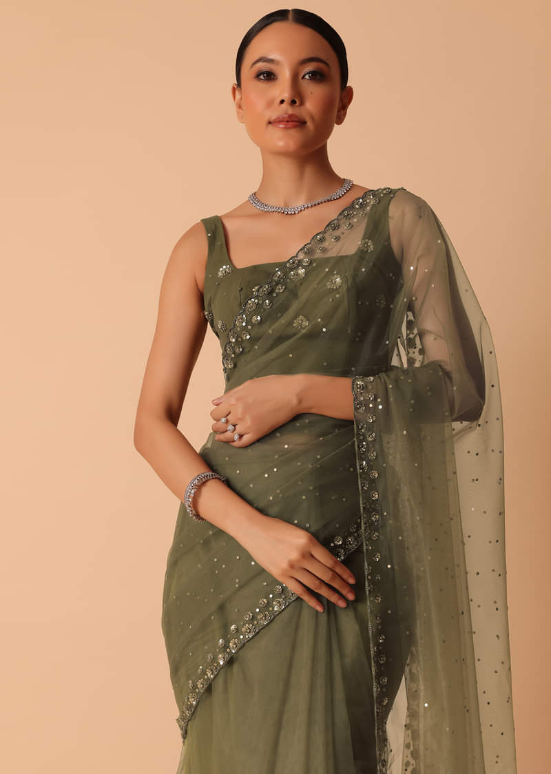 Green Net Saree With Sequin Work And Unstitched Blouse Piece