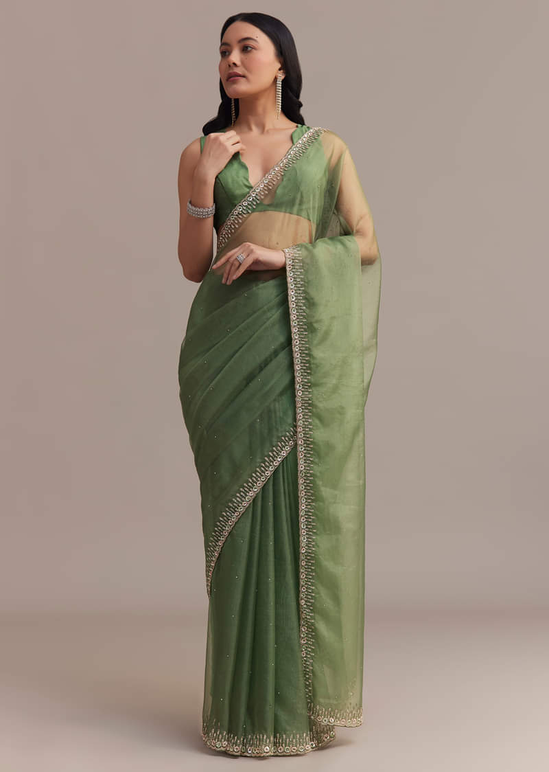 Green Organza Saree With Sequins And Cutdana Embellished Border