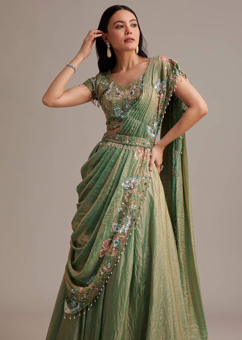 Green Organza Tissue Lehenga Set With Sequins And Bead Work