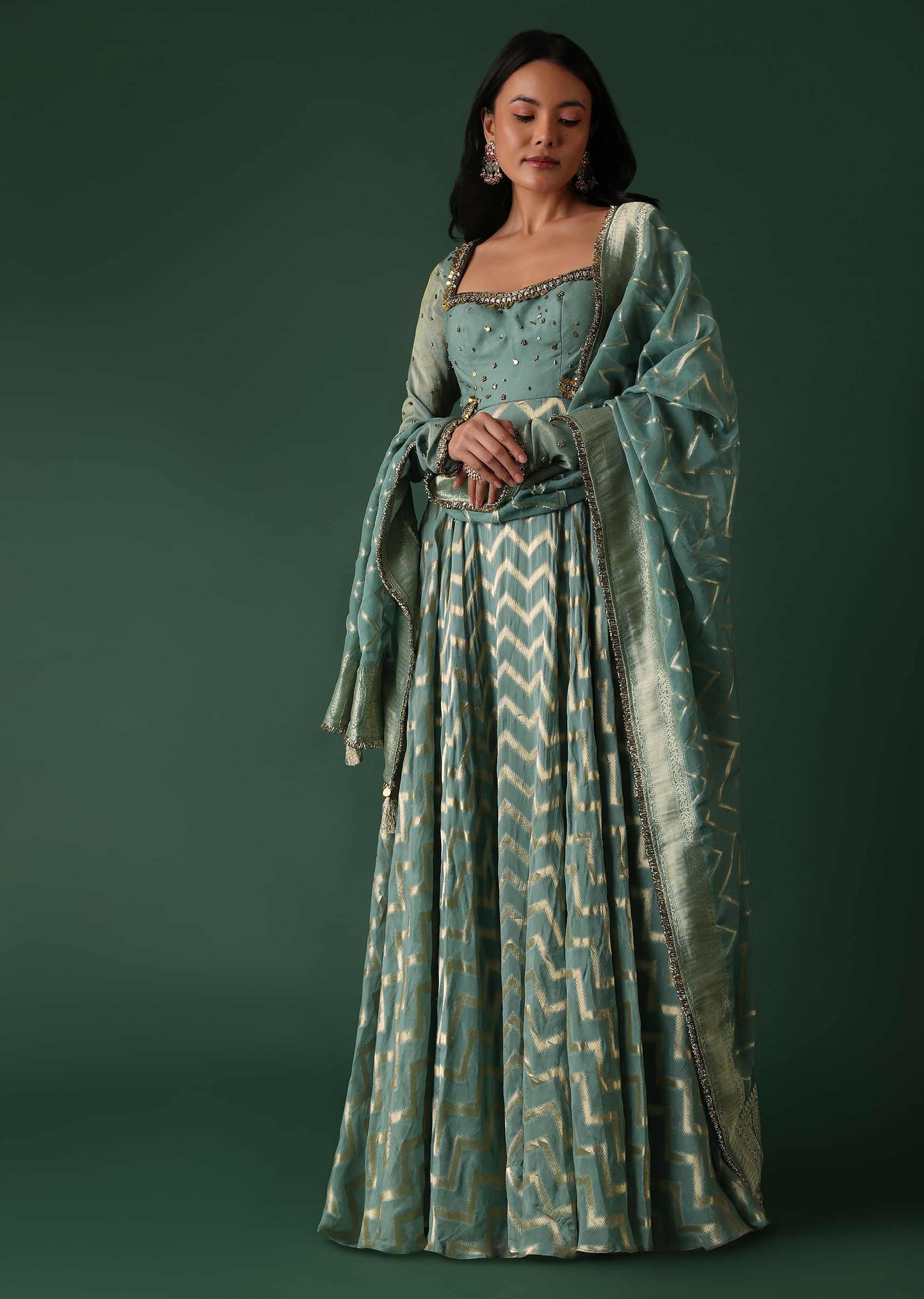Buy Green Printed Anarkali Suit Set in Banarasi Silk Online in India