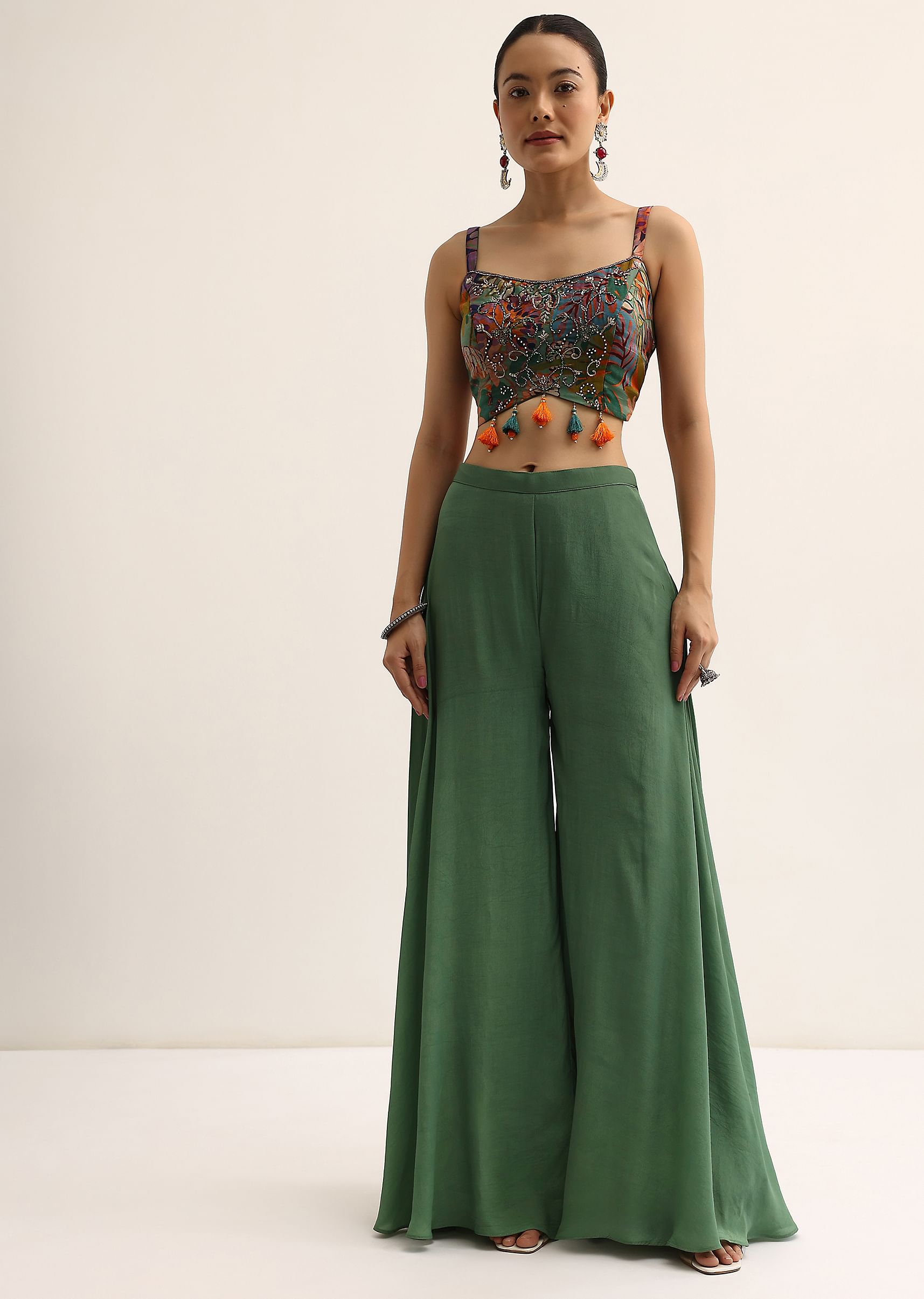 Buy Mehendi Green Printed Jacket and Palazzo Set Online in India