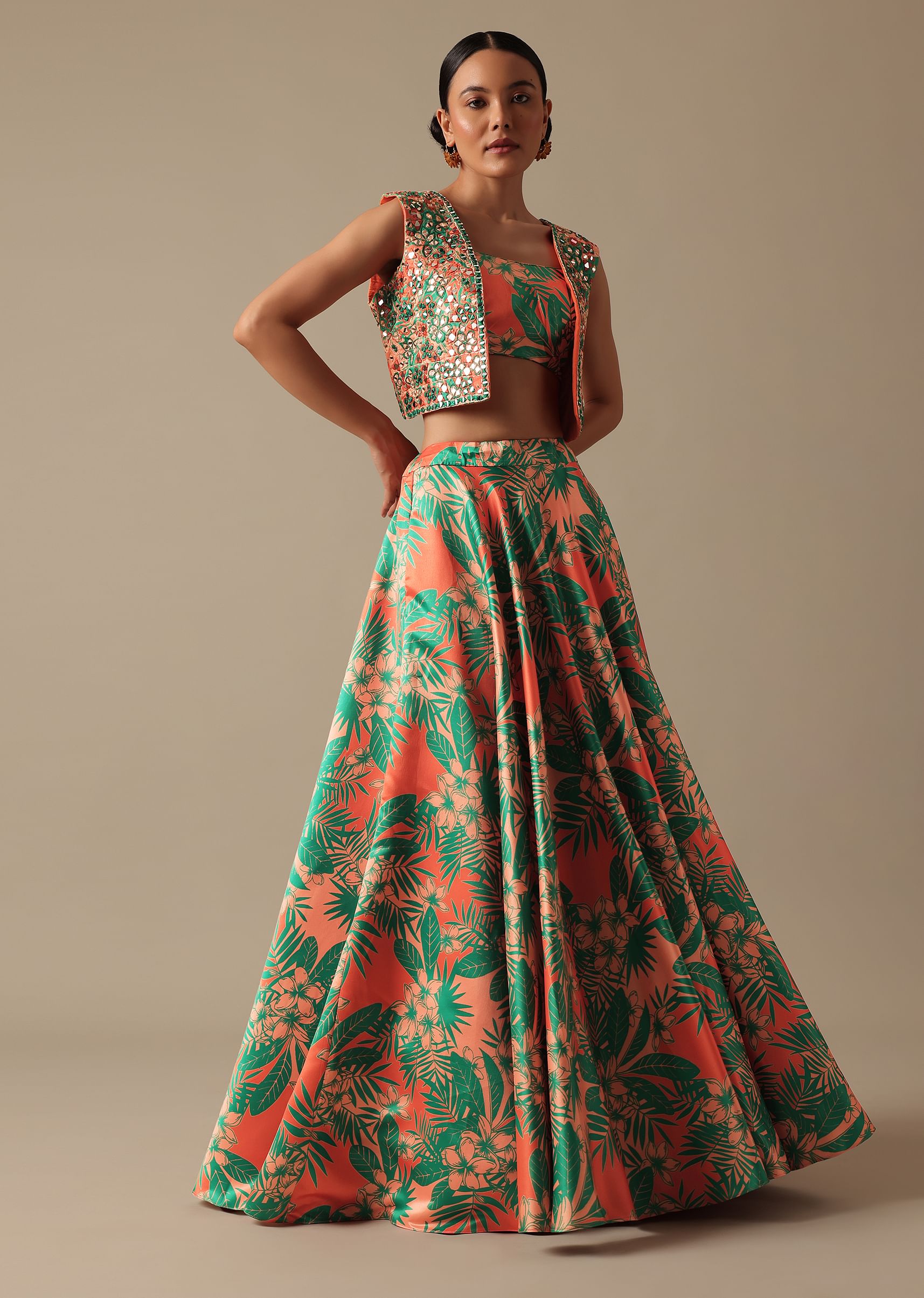 Buy Green Printed Lehenga Set With Mirror Embellished Jacket