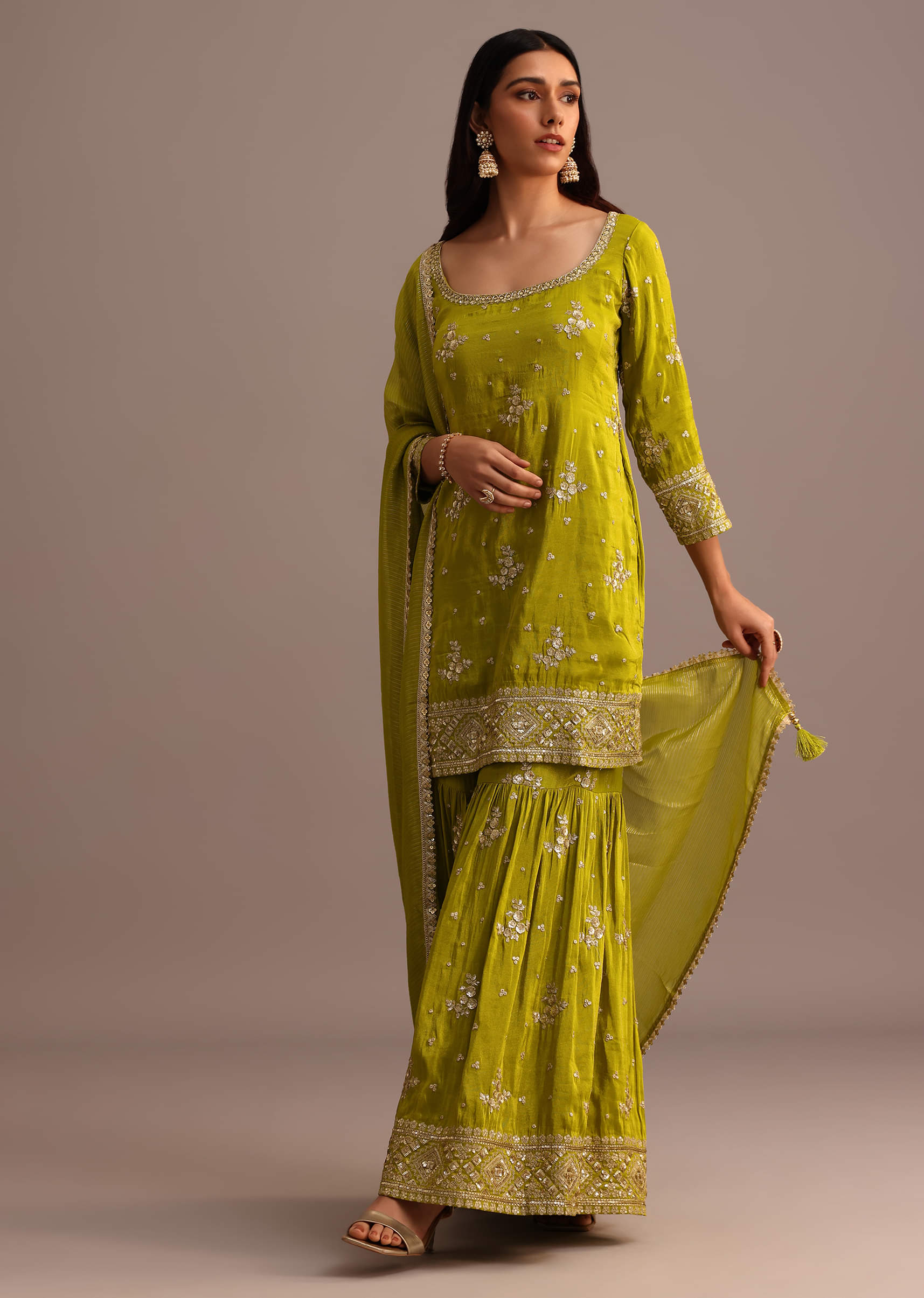 Buy Green Sequins Kurti Sharara With Chanderi Banarasi Dupatta