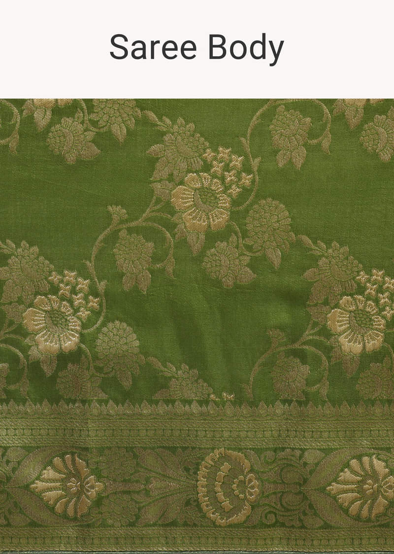 Green Silk Saree In Butta Work With Unstitched Blouse