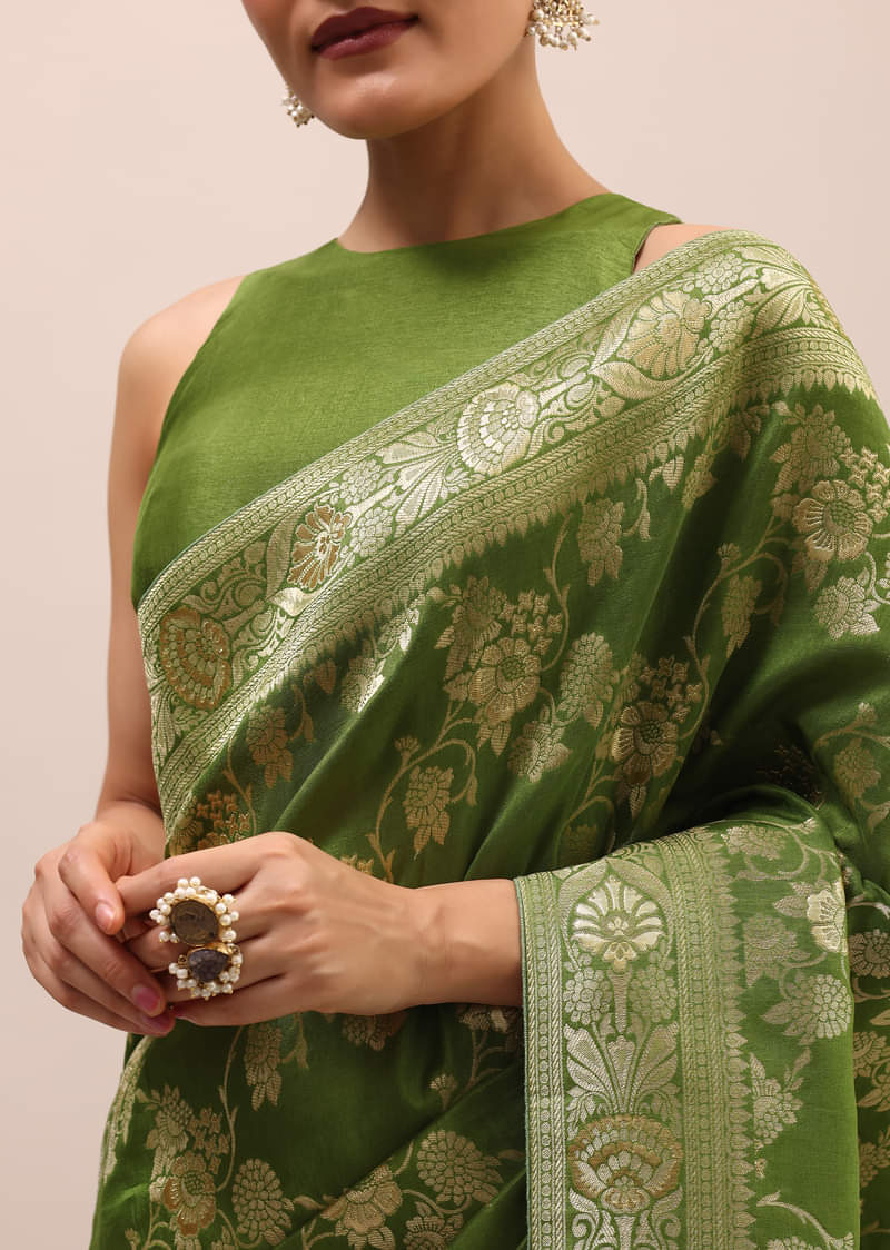 Green Silk Saree In Butta Work With Unstitched Blouse