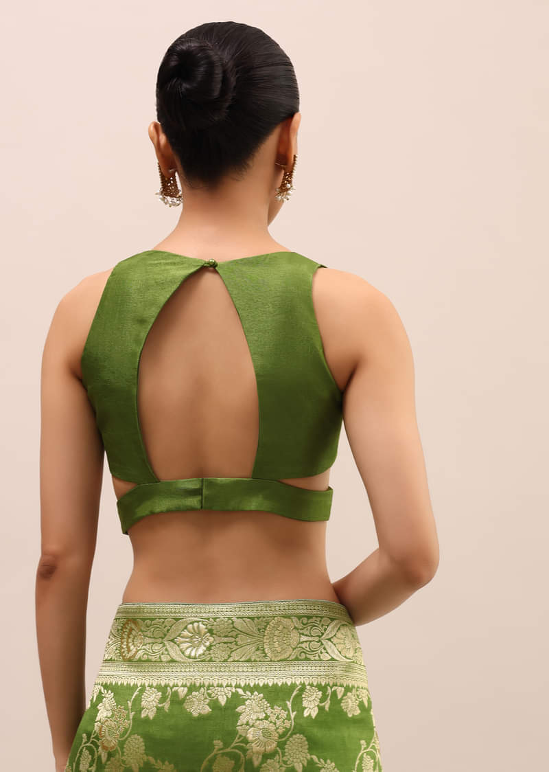 Green Silk Saree In Butta Work With Unstitched Blouse