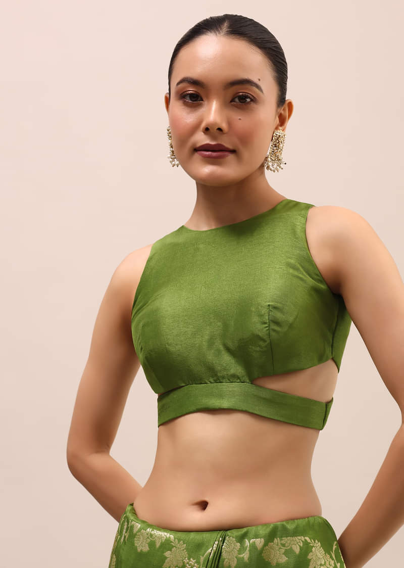 Green Silk Saree In Butta Work With Unstitched Blouse