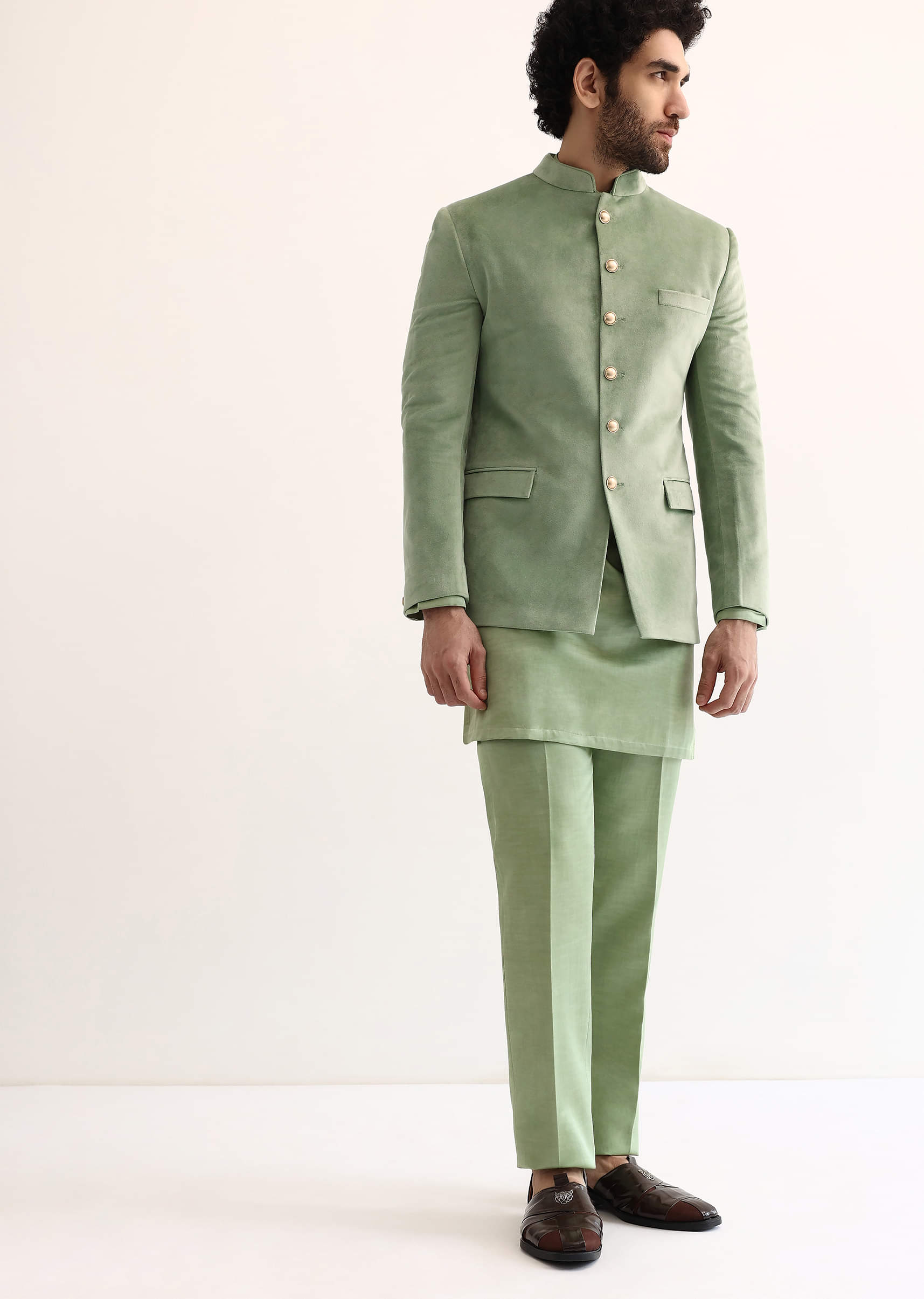 Buy Green Jodhpuri Suit In Suede For Men