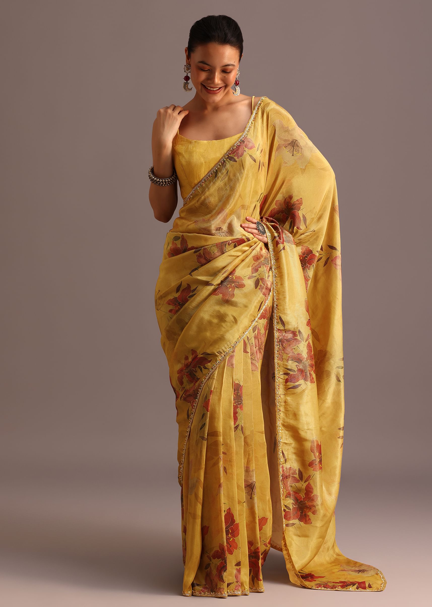 Buy Green Tissue Silk Floral Leaf Printed Saree With Embroidered Border