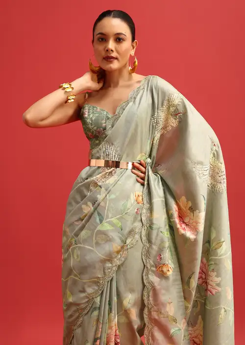 Green Tissue Silk Floral Printed Saree With Embroidered Border And Unstitched Blouse