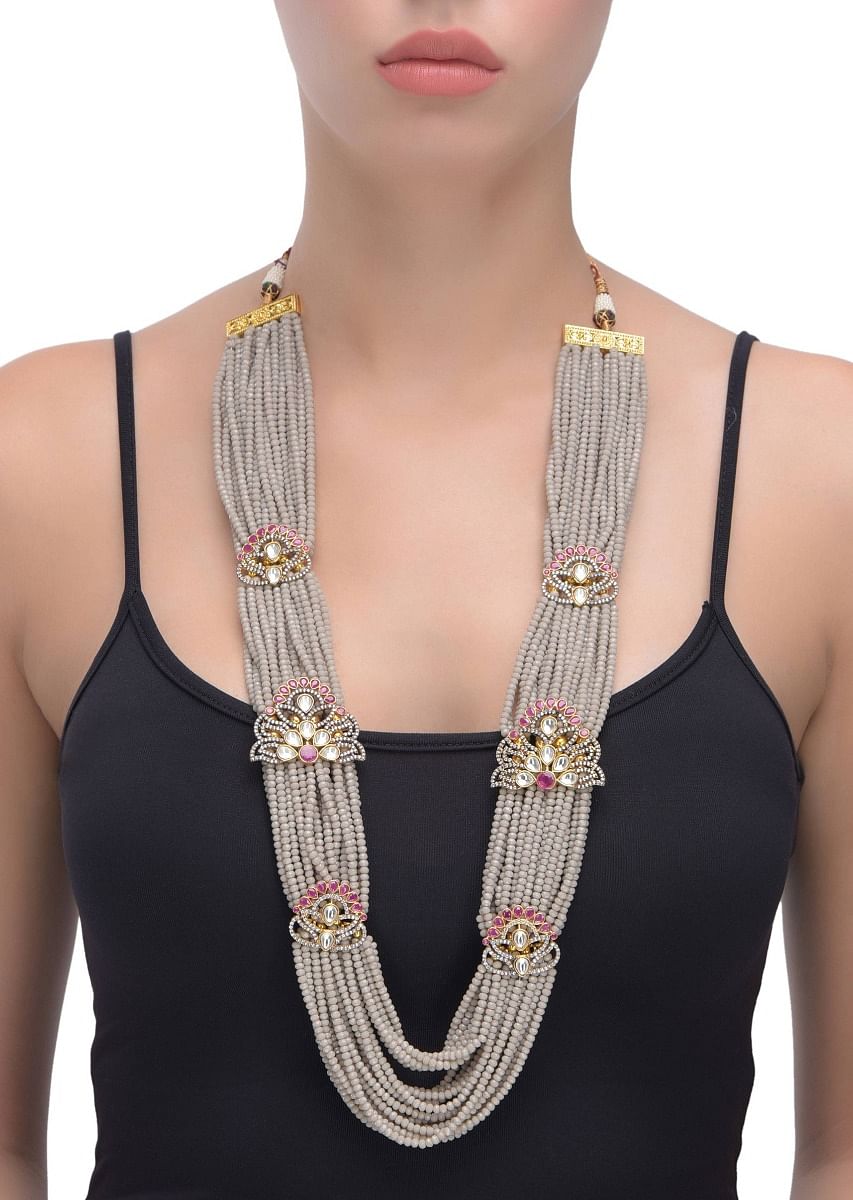 Buy Grey Multi Strand Beads Necklace With Magenta Crystals Stones And Kundan Work Floral Motifs KALKI Fashion Global