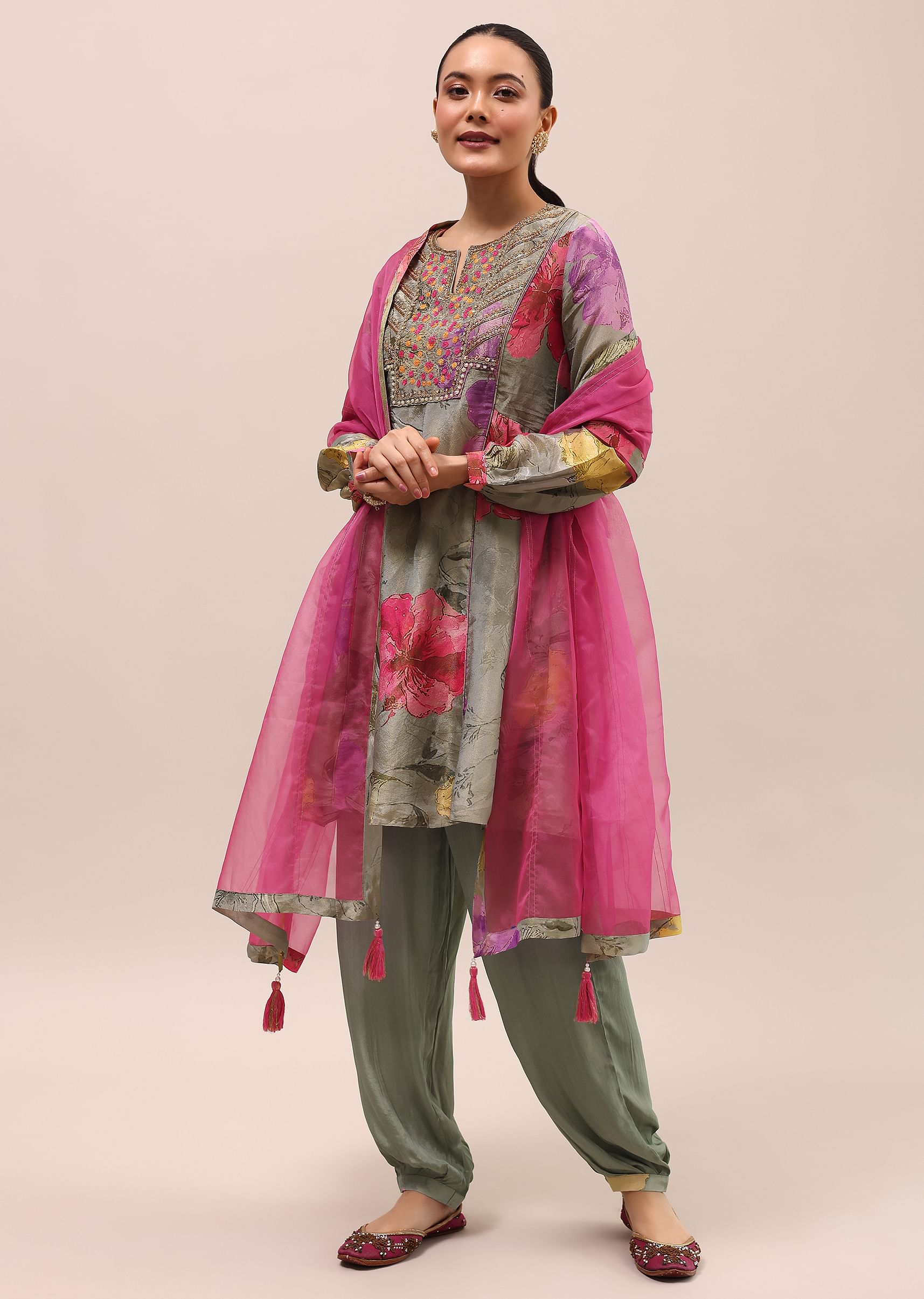 Buy Grey And Pink Embroidered Kurta And Salwar With Dupatta Online in India