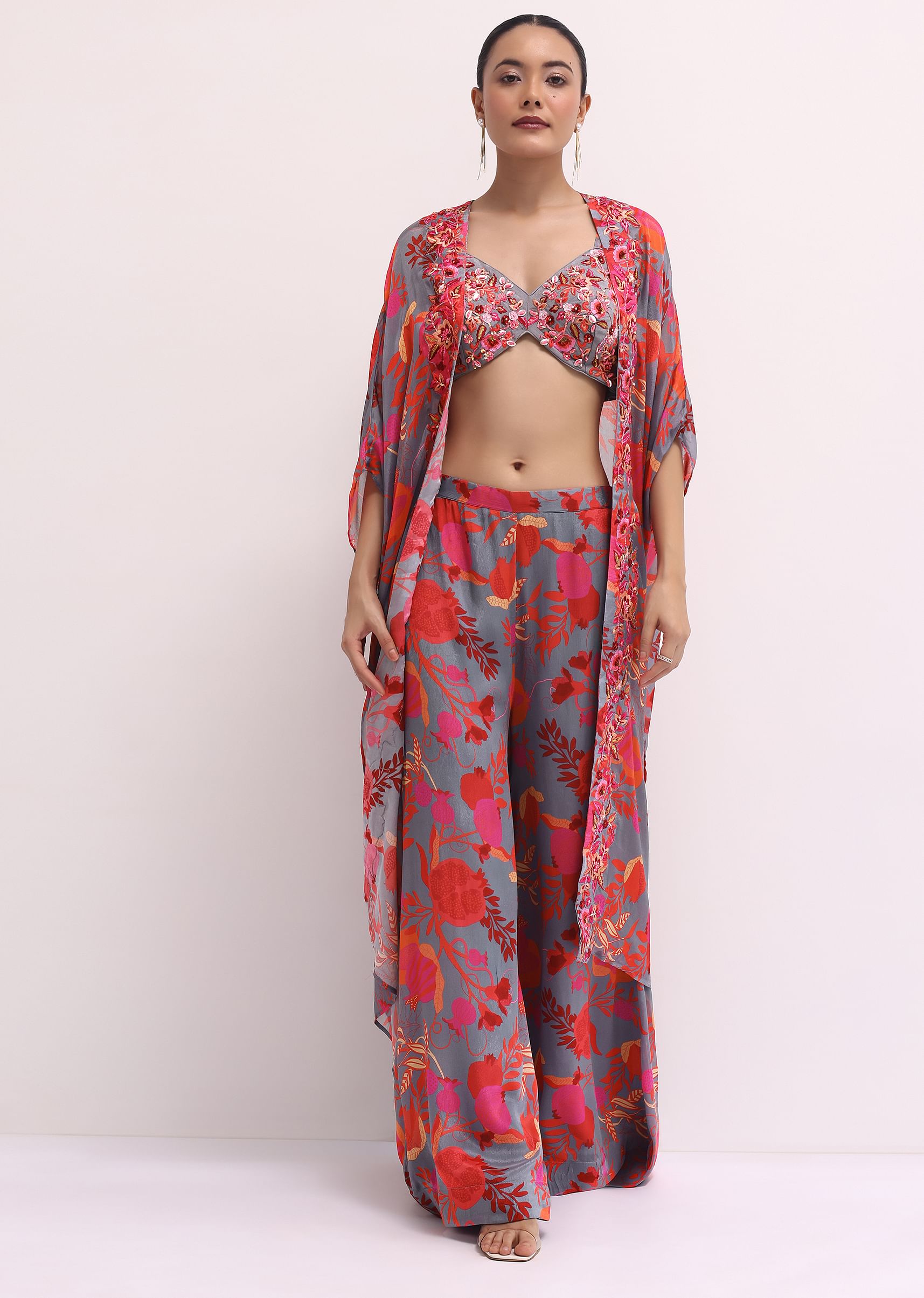 Buy Grey Chiffon Palazzo Set With Jacket