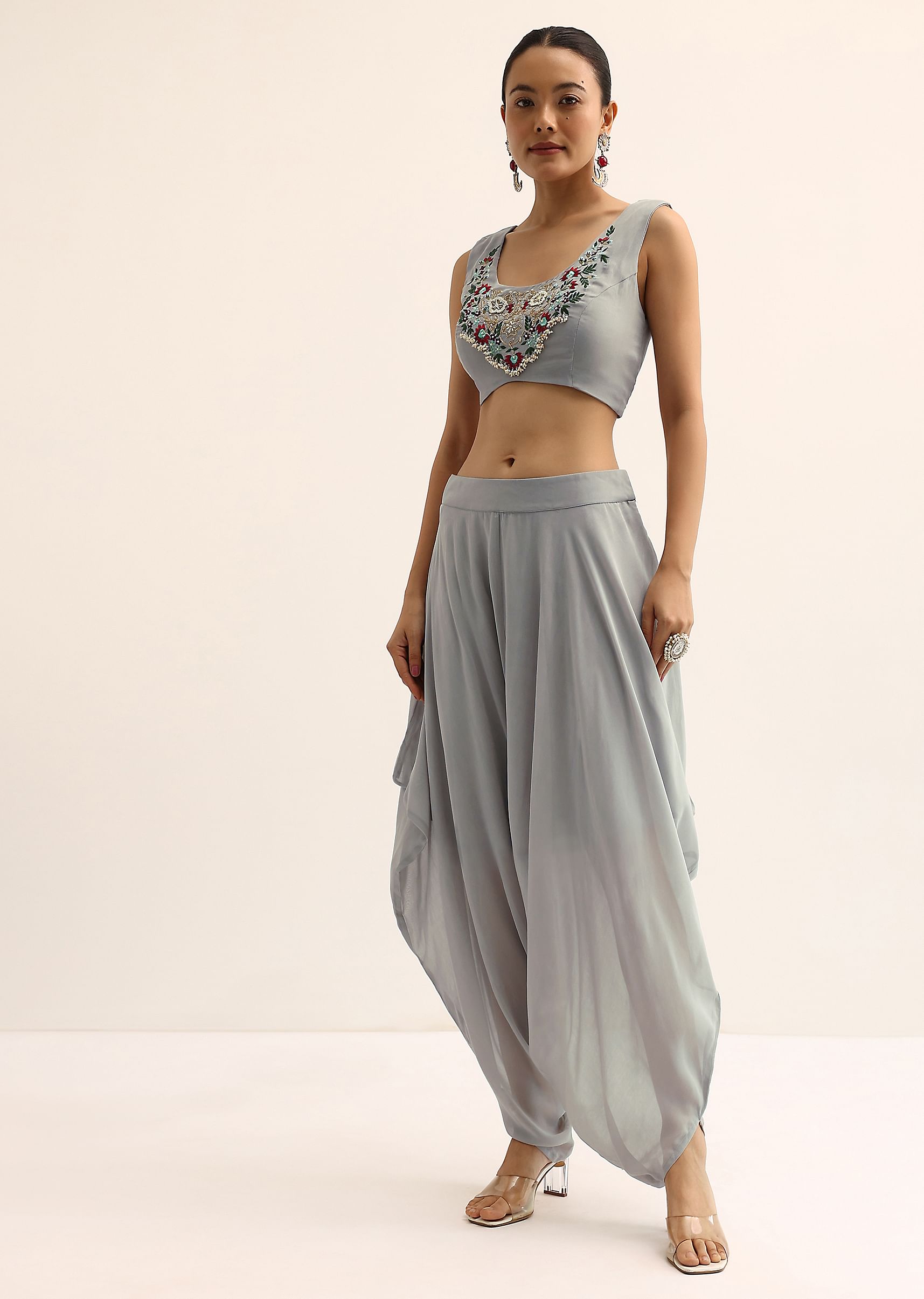 Buy Grey Crop Top with Dhoti and Jacket Online in India
