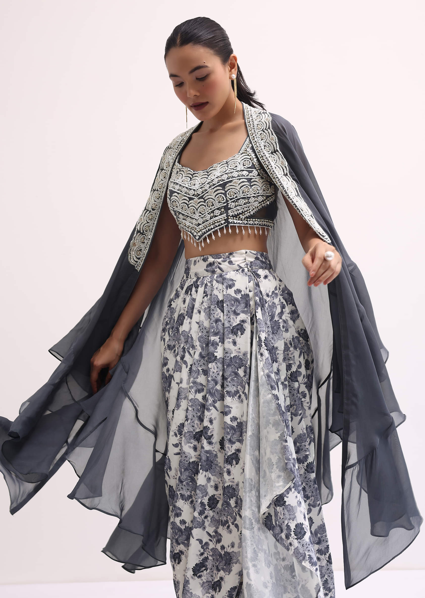 Buy Grey Embroidered Crop Top And Skirt Set KALKI Fashion Global