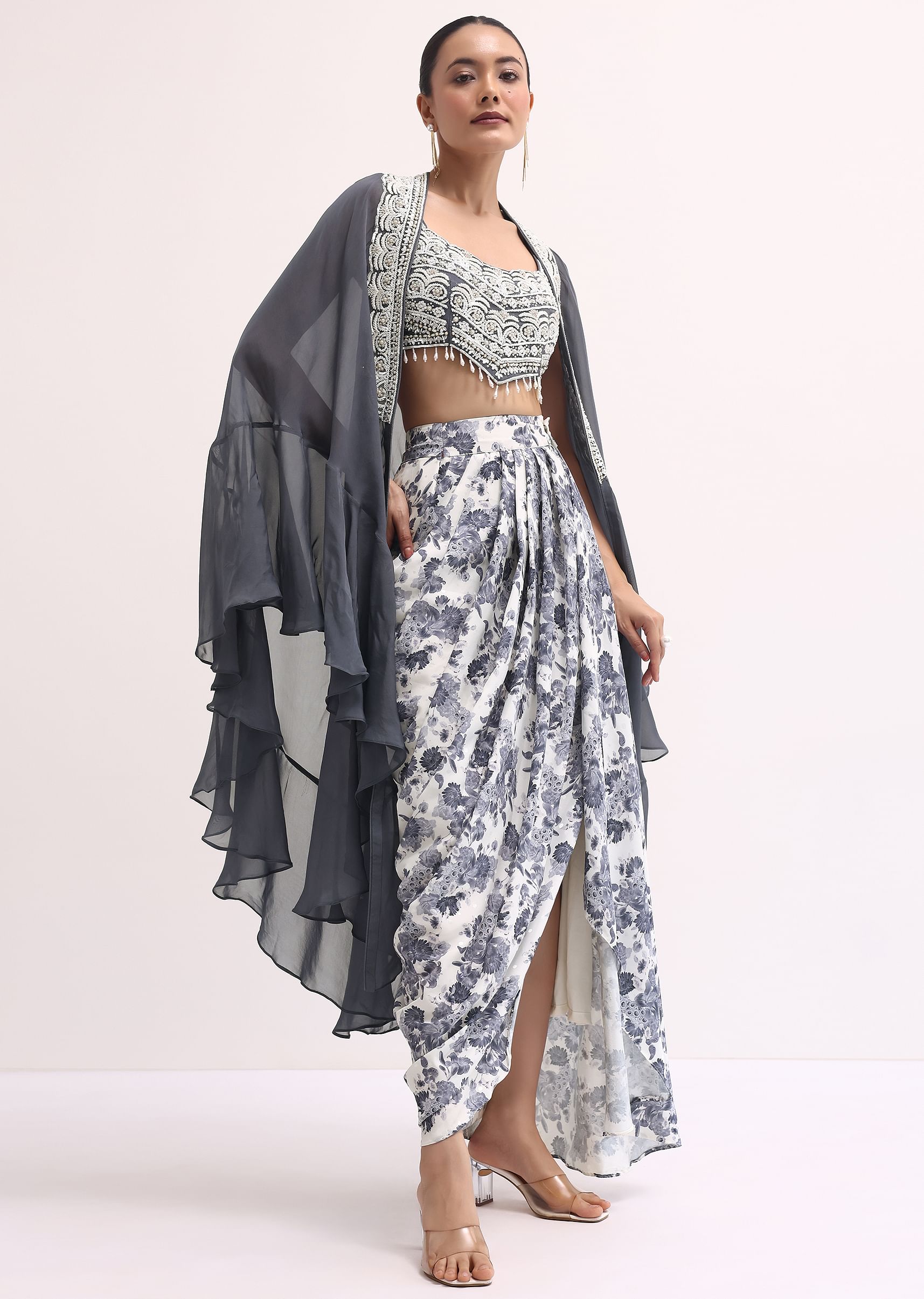 Buy Grey Embroidered Crop Top And Skirt Set KALKI Fashion India