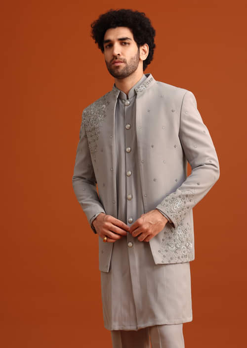 Buy Grey Indo Western Jacket And Kurta Set KALKI Fashion Global