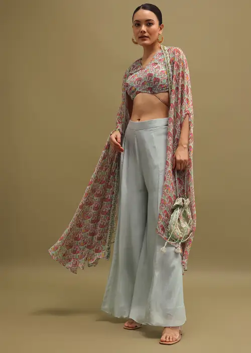 Grey Printed Organza Palazzo Set With Jacket