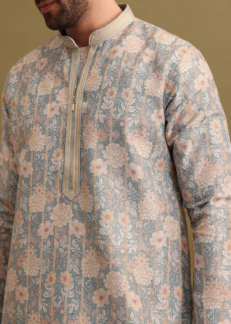 grey_printed_silk_zipper_kurta