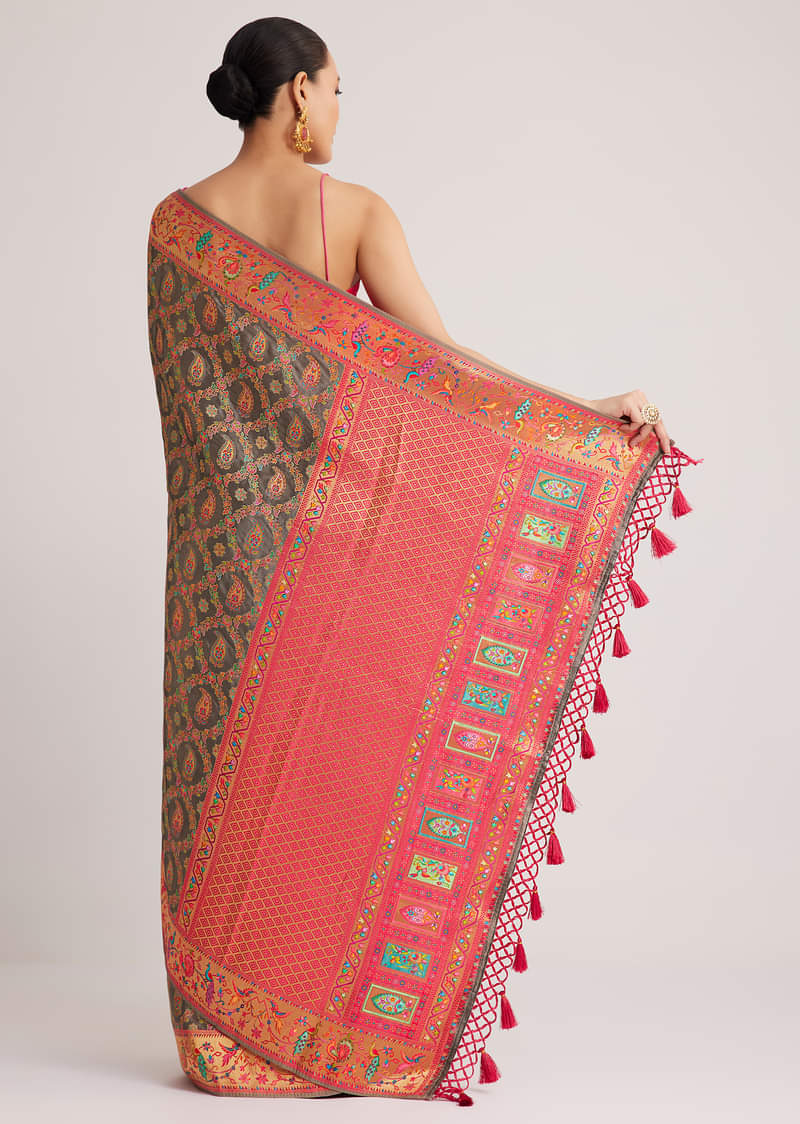 Grey Satin Silk Saree With Jaal Work And Zari Peacock Motif Border
