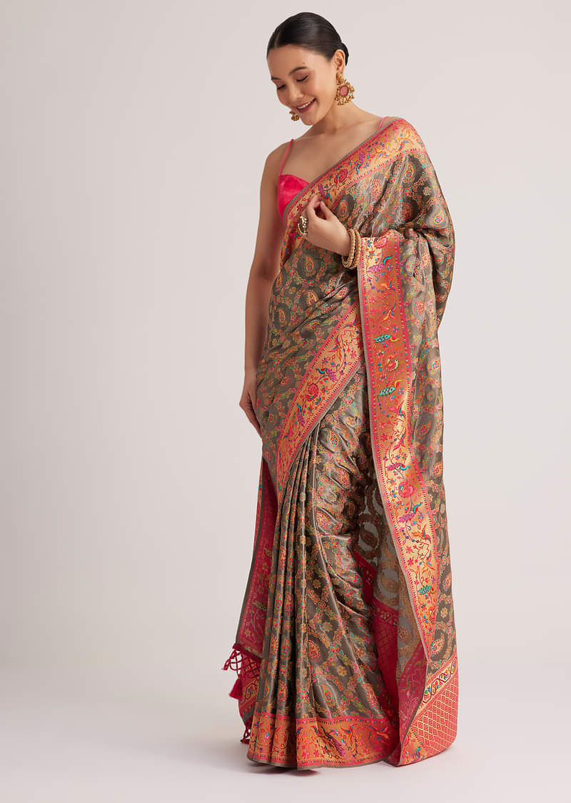 Grey Satin Silk Saree With Jaal Work And Zari Peacock Motif Border