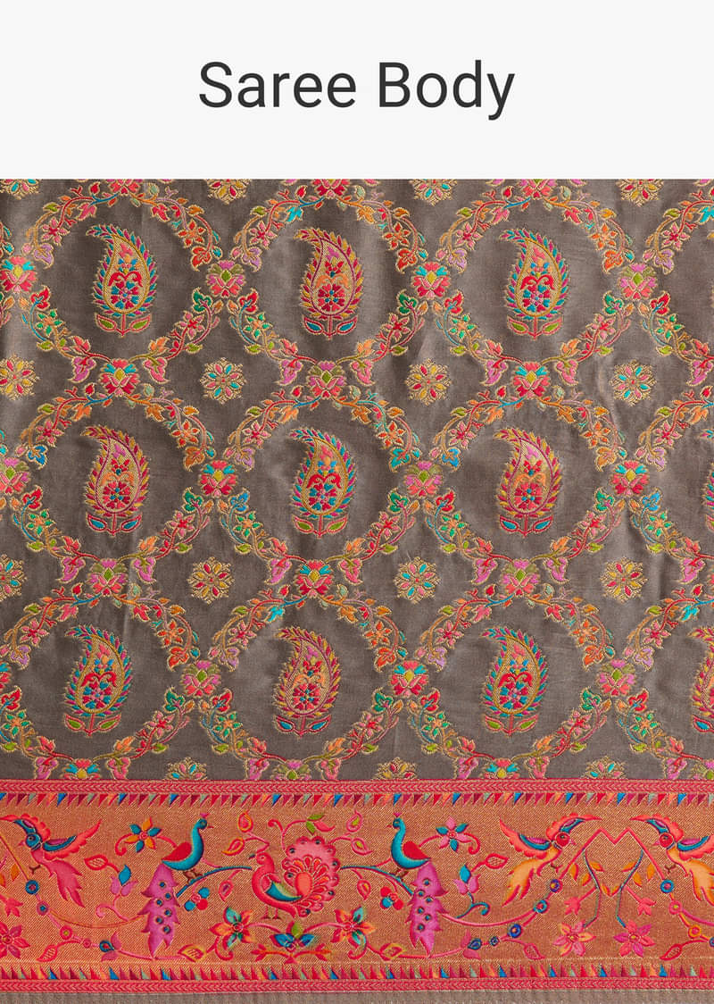 Grey Satin Silk Saree With Jaal Work And Zari Peacock Motif Border