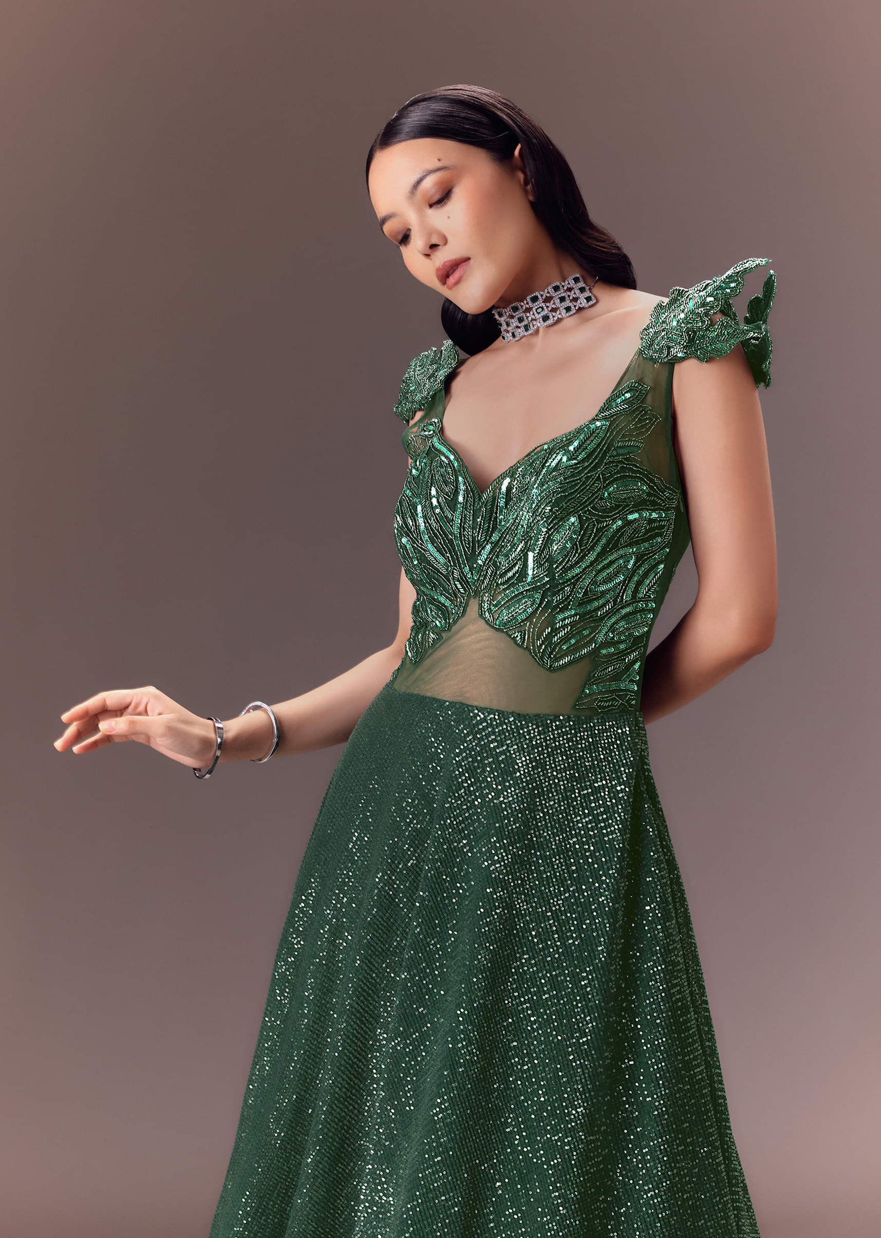 Buy Grey Sequin Flared Gown With 3D Hand Work