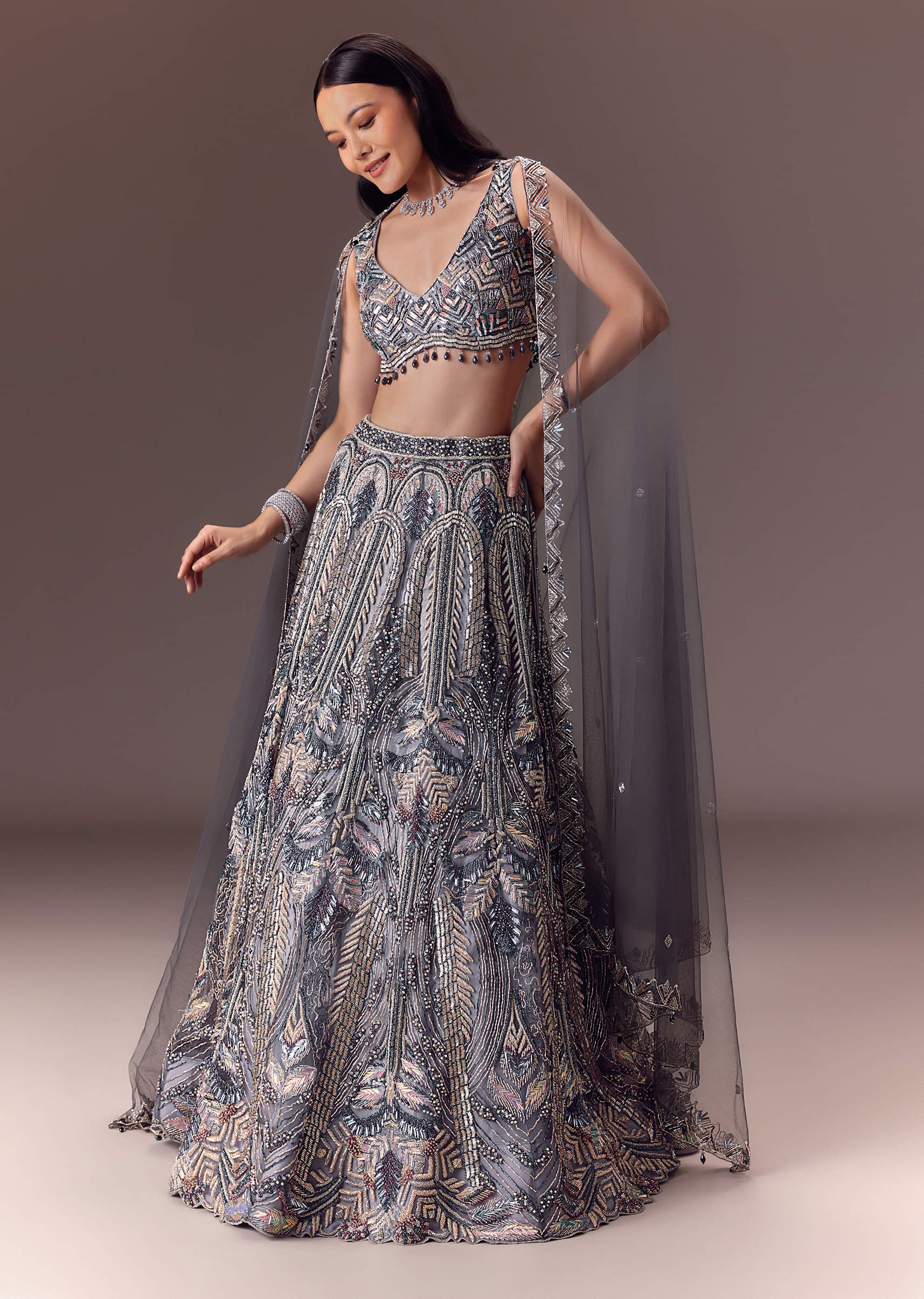 Buy Grey Shimmer Net Lehenga Set With Cape Style Dupatta