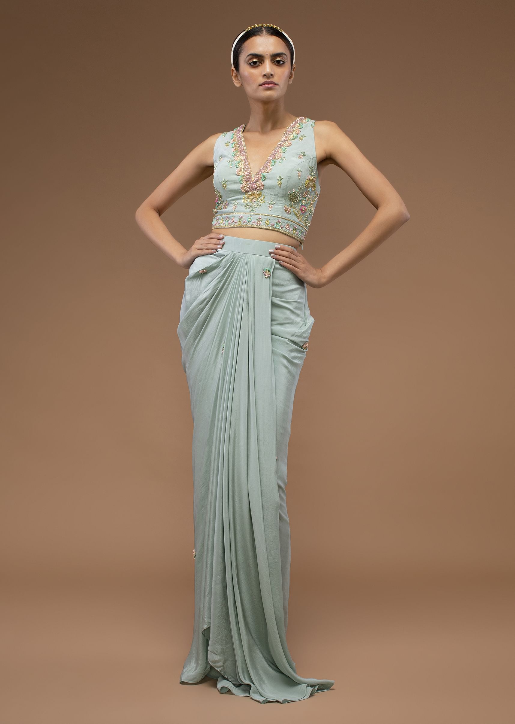 Buy Harbor Grey Green Mermaid Skirt And A Crop Top Set In 3D Cut Dana Motifs Embroidery Paired With A Crop Top With A Plunging V Neckline