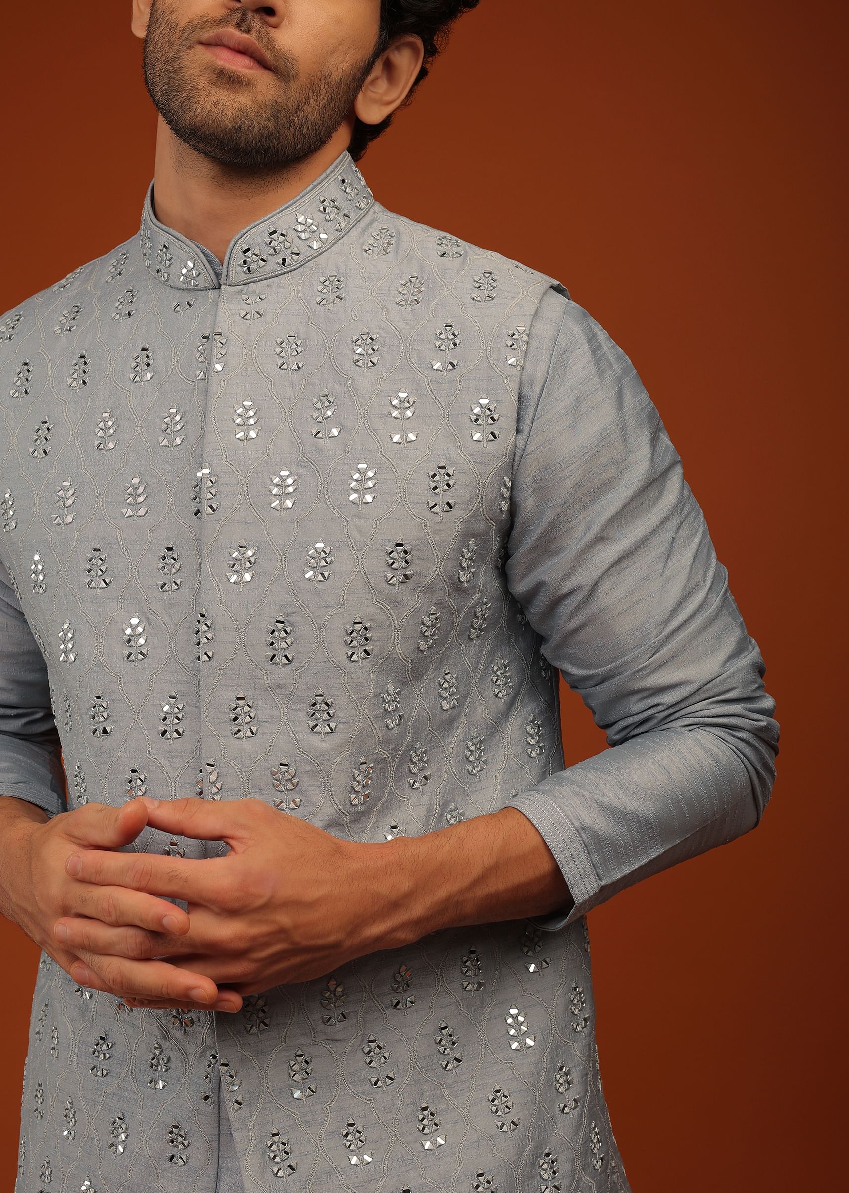 Buy Harbor Grey Nehru Jacket And Kurta Set In Mirror Abla Embroidery KALKI Fashion Global